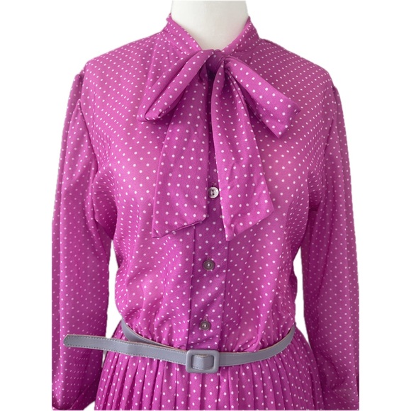 Vintage 70s Sears the Fashion Place Belted Pleated Pink & Grey Dress Women’s 12 - Picture 5 of 13